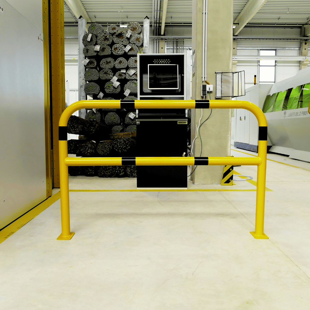 Beschermbeugel Ø48 mm | Geel-zwart | Op voetplaat | Met tussenbuis