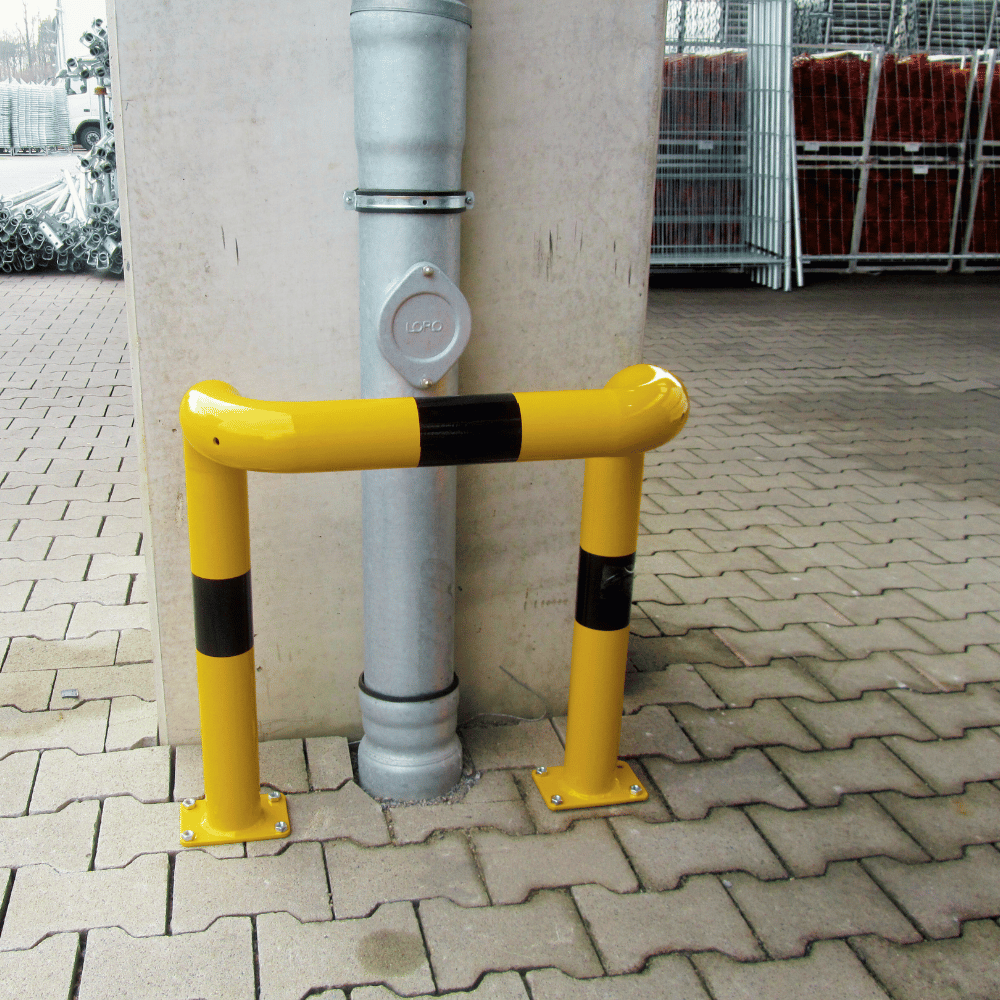 Beschermbeugel Ø76 mm | Geel-zwart | 2x hoek 90° | Op voetplaat