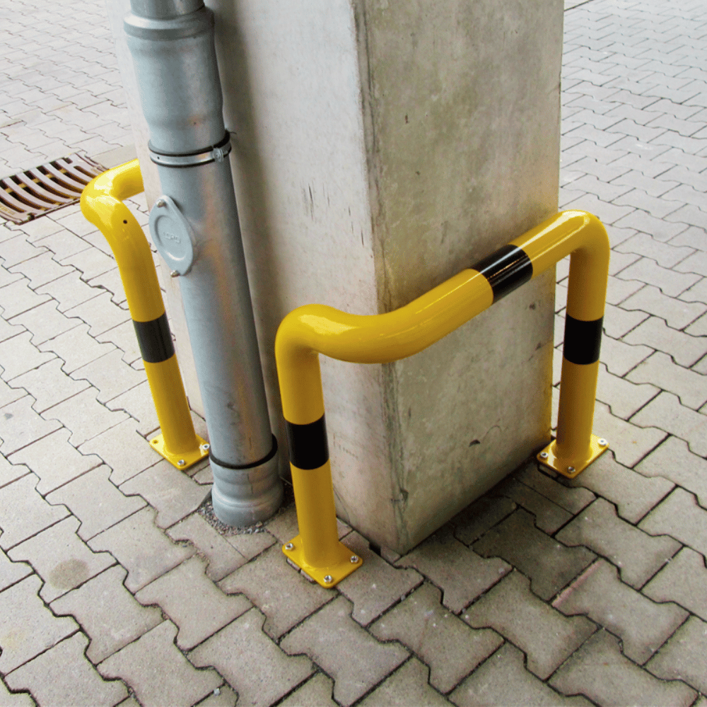 Beschermbeugel Ø76 mm | Geel-zwart | Hoek 90° | Voor verankering in beton