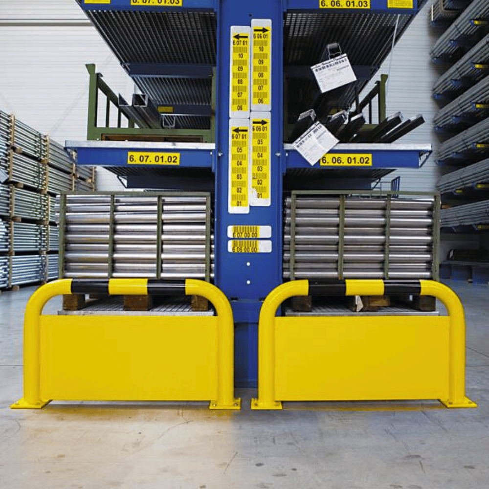 Stelling bescherming Ø76 mm | Geel-zwart | Op voetplaat | Met stootplaat