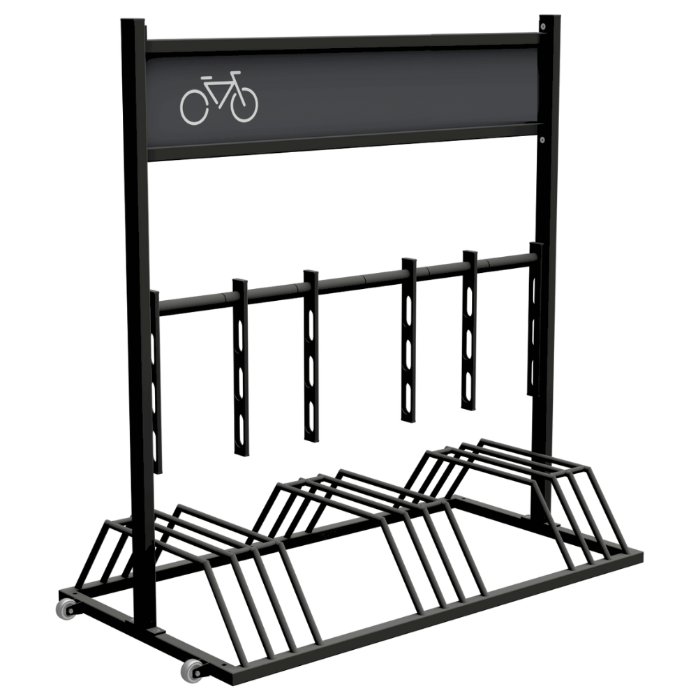 Mobiel fietsenrek met reclamevak | Verzinkt staal met zwart RAL 9005