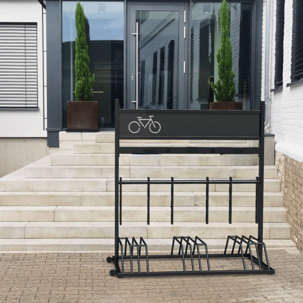 Mobiel fietsenrek met reclamevak | Verzinkt staal met zwart RAL 9005