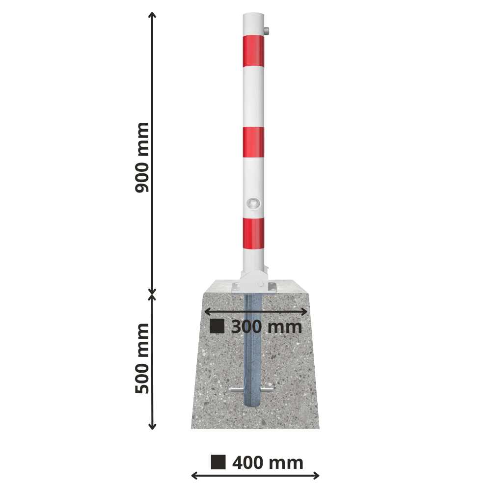 Neerklapbare afzetpaal Ø76 mm met betonvoet | Wit-rood of verzinkt