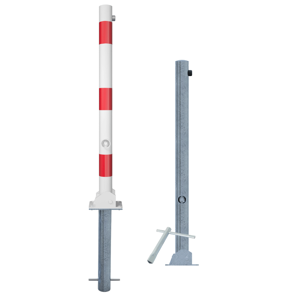 Neerklapbare parkeerpaal Ø60 mm | Wit-rood of verzinkt | Met slot opties