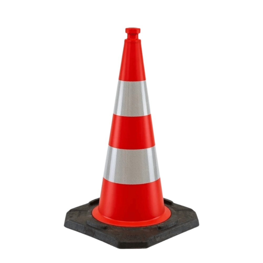 Verkeerskegel 75 cm met verzwaarde voet | 2 banen reflectie wit klasse 2