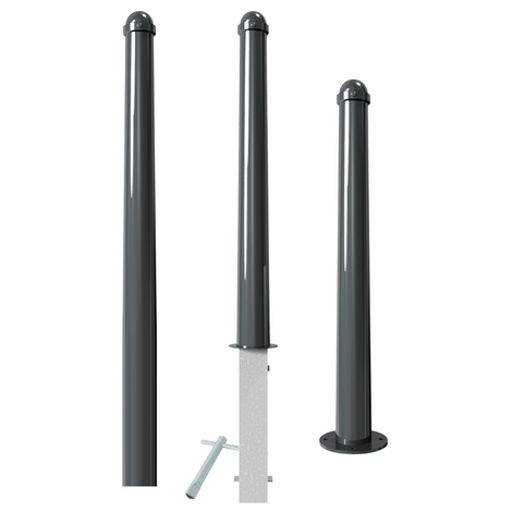 Drie donkergrijze design afzetpalen met helmkop, Ø102 mm, in verschillende montagestijlen.