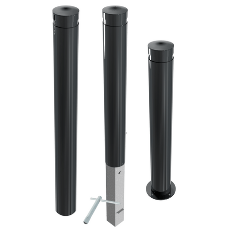 Drie donkergrijze design afzetpalen Ø120 mm met vlakke kop, diverse montageopties.