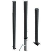 Drie antracietgrijze design afzetpalen Ø76 mm met vlakke kop, diverse montageopties.