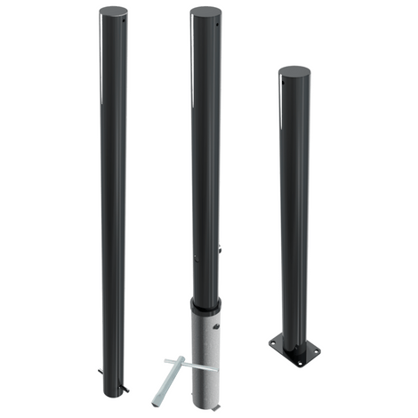 Drie antracietgrijze design afzetpalen Ø76 mm met vlakke kop, diverse montageopties.