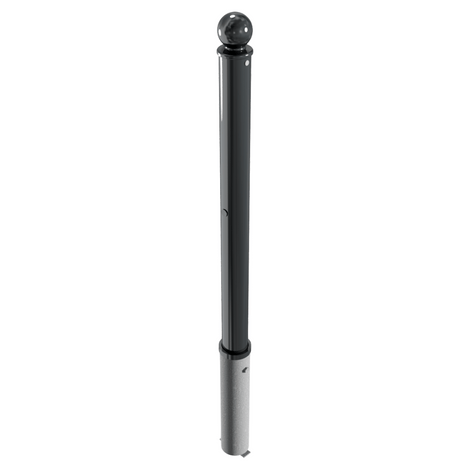 Zwarte design afzetpaal Ø76mm met bolkop, uitneembaar voor betonverankering en cilinderslot.