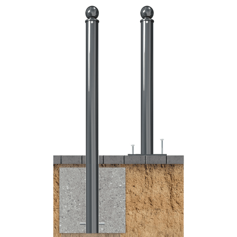 Trottoirpaal Ø76 mm met bolkop, donkergrijs, getoond met inbouw- en opbouwmontage.