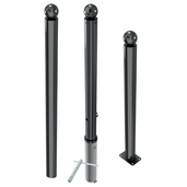 Drie antracietgrijze design afzetpalen Ø76 mm met bolle kop, inclusief opties voor vaste en verwijderbare montage.
