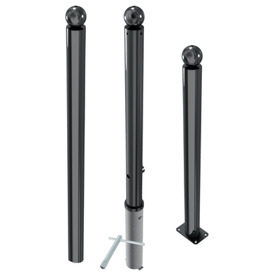 Drie antracietgrijze design afzetpalen Ø76 mm met bolle kop, inclusief opties voor vaste en verwijderbare montage.