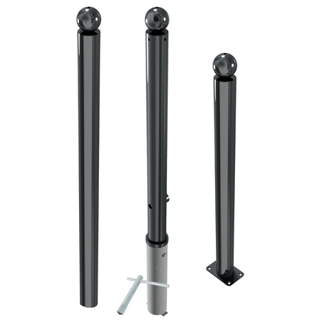 Drie antracietgrijze design afzetpalen Ø76 mm met bolle kop, inclusief opties voor vaste en verwijderbare montage.