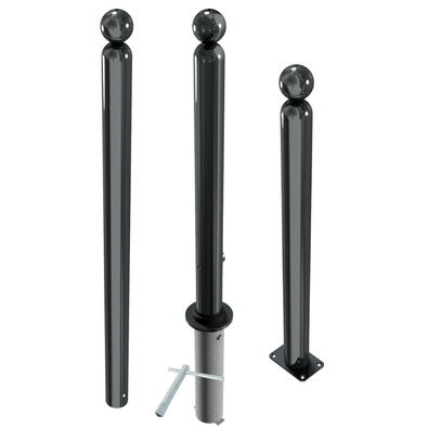Drie zwarte design afzetpalen Ø76 mm met glanzende kogelkop, diverse montageopties.