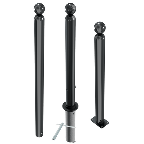 Drie zwarte design afzetpalen Ø76 mm met glanzende kogelkop, diverse montageopties.