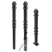 Zwarte design afzetpaal Ø76 mm met ringen, inbouw- en opbouwvarianten getoond.