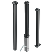 Drie zwarte design afzetpalen Ø82 mm met ringkop, inclusief montageopties en sleutel.