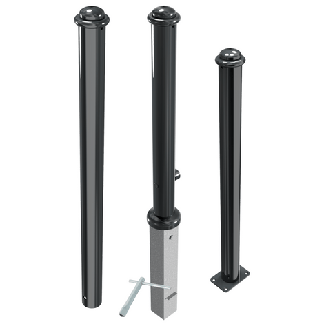 Drie zwarte design afzetpalen Ø82 mm met ringkop, inclusief montageopties en sleutel.