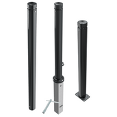 Drie antracietgrijze design afzetpalen (Ø82 mm) met vlakke kop, diverse montagetypes.