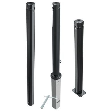 Drie antracietgrijze design afzetpalen (Ø82 mm) met vlakke kop, diverse montagetypes.