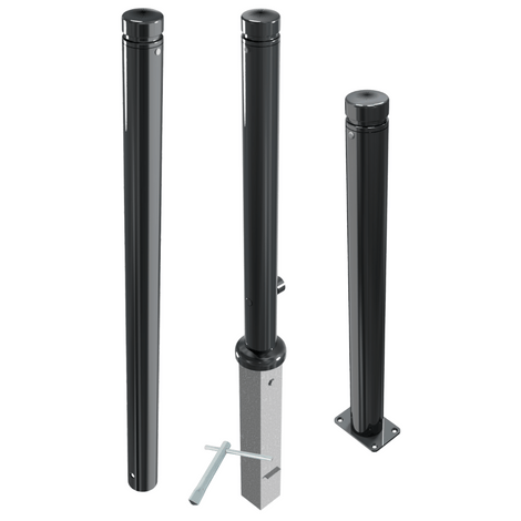 Drie antracietgrijze design afzetpalen (Ø82 mm) met vlakke kop, diverse montagetypes.