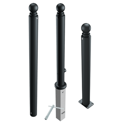 Drie zwarte afzetpalen Ø82 mm met bolkop, inclusief opties voor inbouw en opbouw.