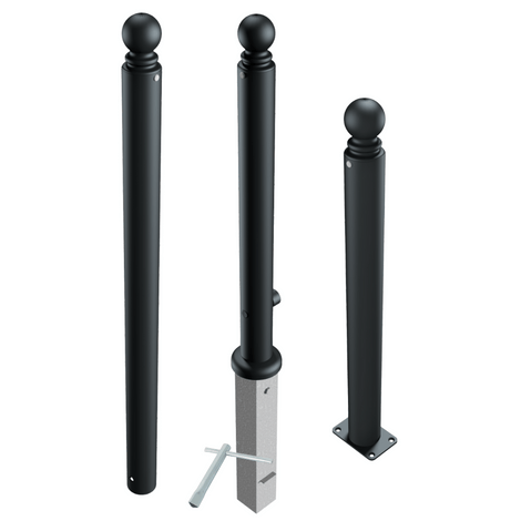 Drie zwarte afzetpalen Ø82 mm met bolkop, inclusief opties voor inbouw en opbouw.