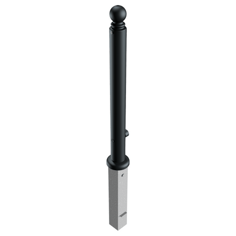 Zwarte afzetpaal Ø82mm met bolkop, uitneembaar voor betonverankering en driekantslot.