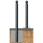 Zwarte trottoirpaal Ø82 mm met bolkop, getoond met inbouw- en opbouwmontage.