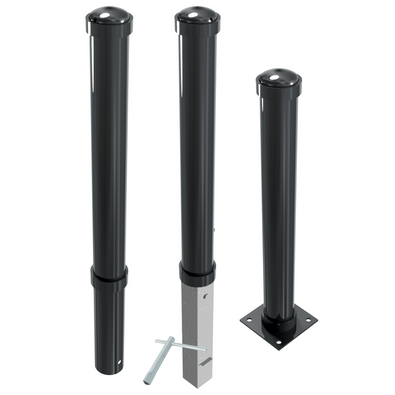 Drie zwarte design afzetpalen Ø108 mm met helmkop, diverse montageopties.