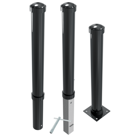 Drie zwarte design afzetpalen Ø108 mm met helmkop, diverse montageopties.