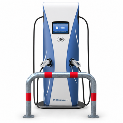Verzinkt-rode aanrijdbeveiliging beugel (Ø76 mm) voor laadpaal bescherming, met blauw-witte laadpaal.