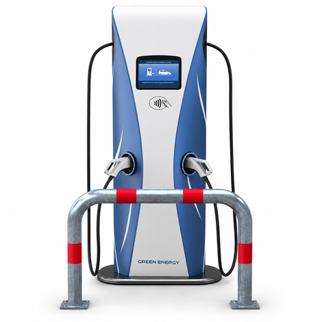 Verzinkt-rode aanrijdbeveiliging beugel (Ø76 mm) voor laadpaal bescherming, met blauw-witte laadpaal.