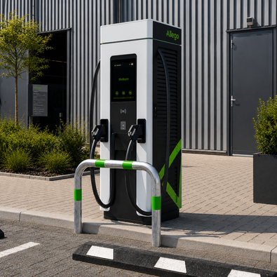 Verzinkt-groene aanrijdbeveiliging beugel Ø76 mm voor laadpaal bescherming, met Allego laadstation.