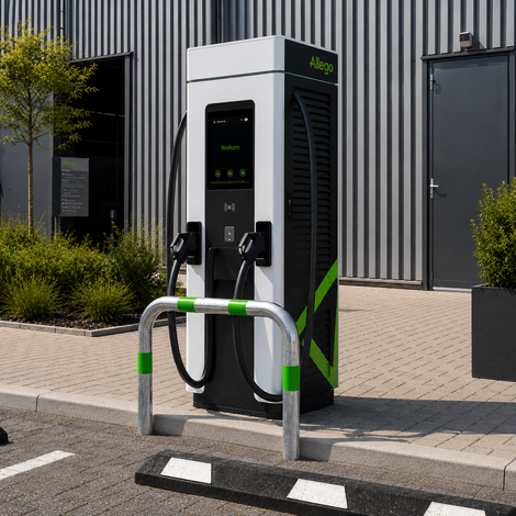 Verzinkt-groene aanrijdbeveiliging beugel Ø76 mm voor laadpaal bescherming, met Allego laadstation.
