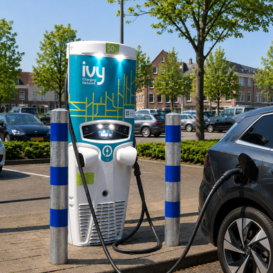 Verzinkt-blauw aanrijdbeveiliging paal Ø76-102 mm bij een laadpaal en een grijze auto