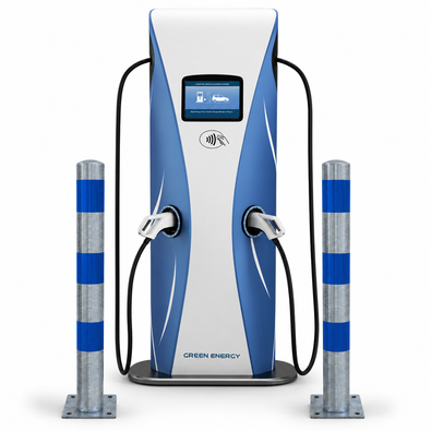 Verzinkt-blauwe aanrijdbeveiliging palen (Ø76-102 mm) naast een laadpaal voor elektrische voertuigen.