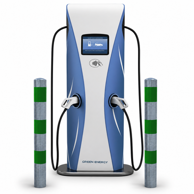 Verzinkt-groene aanrijdbeveiliging paal Ø76-102 mm naast een laadpaal voor elektrische voertuigen.