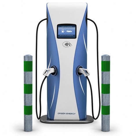 Verzinkt-groene aanrijdbeveiliging paal Ø76-102 mm naast een laadpaal voor elektrische voertuigen.