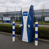 Wit-blauwe aanrijdbeveiliging palen Ø76-102 mm beschermen een laadpaal bij een distributiecentrum