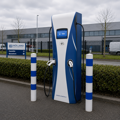 Wit-blauwe aanrijdbeveiliging palen Ø76-102 mm beschermen een laadpaal bij een distributiecentrum