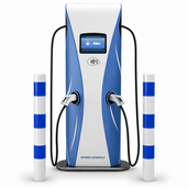Wit-blauwe aanrijdbeveiliging palen (Ø76-102 mm) naast een laadpaal voor elektrische voertuigen.