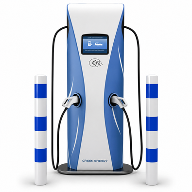Wit-blauwe aanrijdbeveiliging palen (Ø76-102 mm) naast een laadpaal voor elektrische voertuigen.