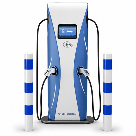 Wit-blauwe aanrijdbeveiliging palen (Ø76-102 mm) naast een laadpaal voor elektrische voertuigen.
