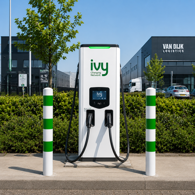 Wit-groene aanrijdbeveiligingspalen Ø76-102 mm op een parkeerterrein bij transportbedrijf