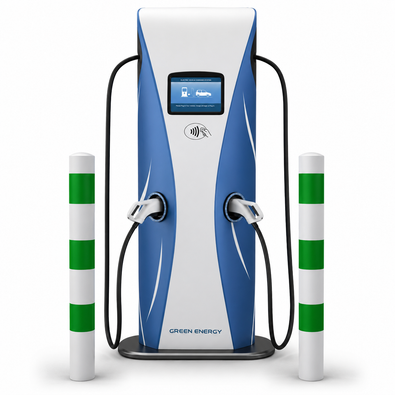 Wit-groene aanrijdbeveiliging palen (Ø76-102 mm) voor laadpaal bescherming, naast een EV-laadstation.