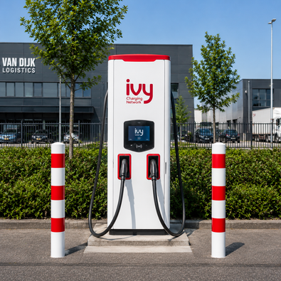Witte en rood gestreepte aanrijdbeveiliging palen beschermen een laadpaal en elektrische auto.