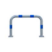 Verzinkt-blauwe aanrijdbeveiliging beugel Ø76 mm met voetplaat, 1000 mm breed, voor laadpaal bescherming.