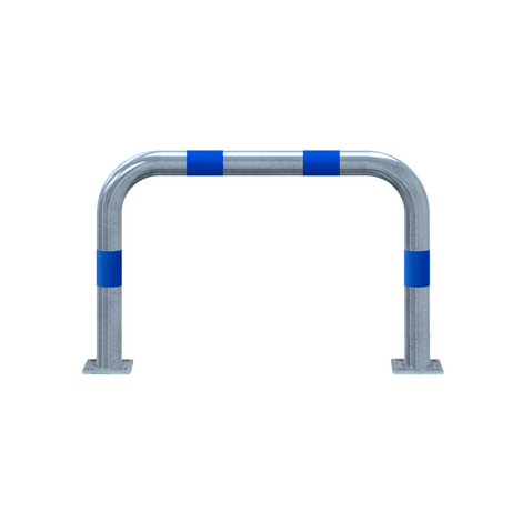 Verzinkt-blauwe aanrijdbeveiliging beugel Ø76 mm met voetplaat, 1000 mm breed, voor laadpaal bescherming.